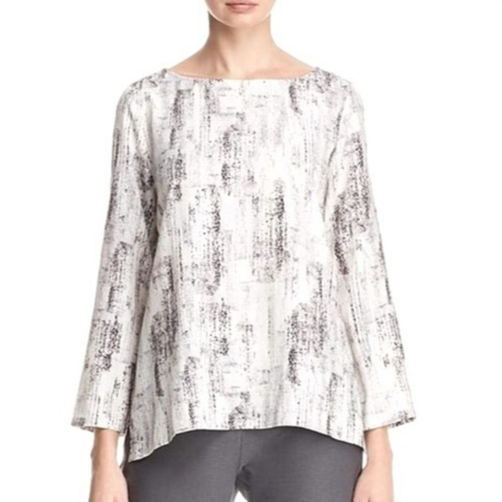 Eileen Fisher Women's Abstract Print Blouse White and Black High Low EUC Size M